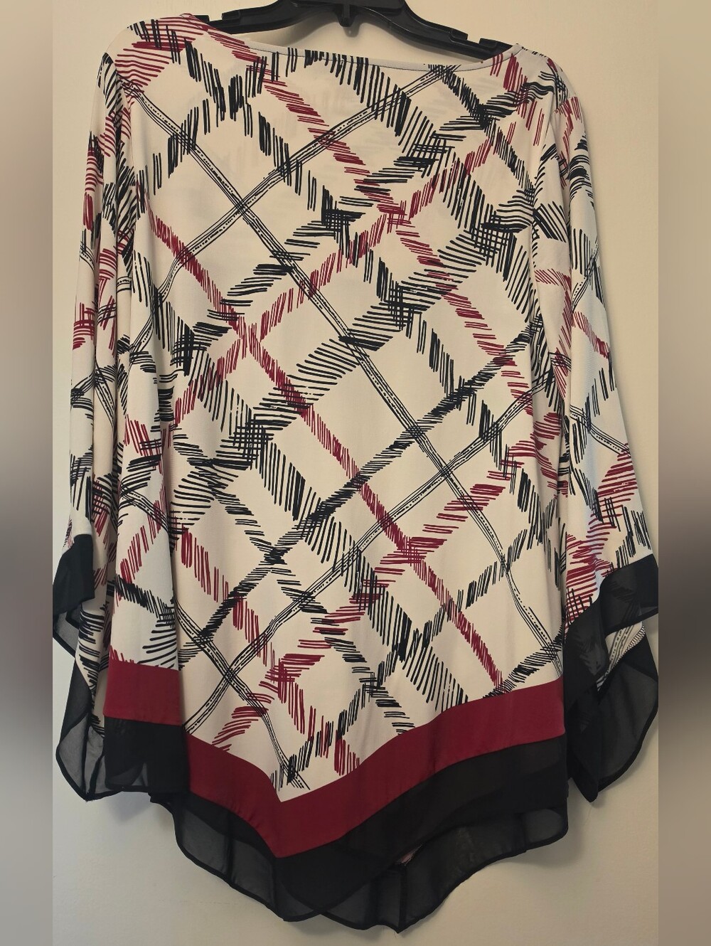 Alfani White Abstract Plaid Poncho Top with Red & Black Trim